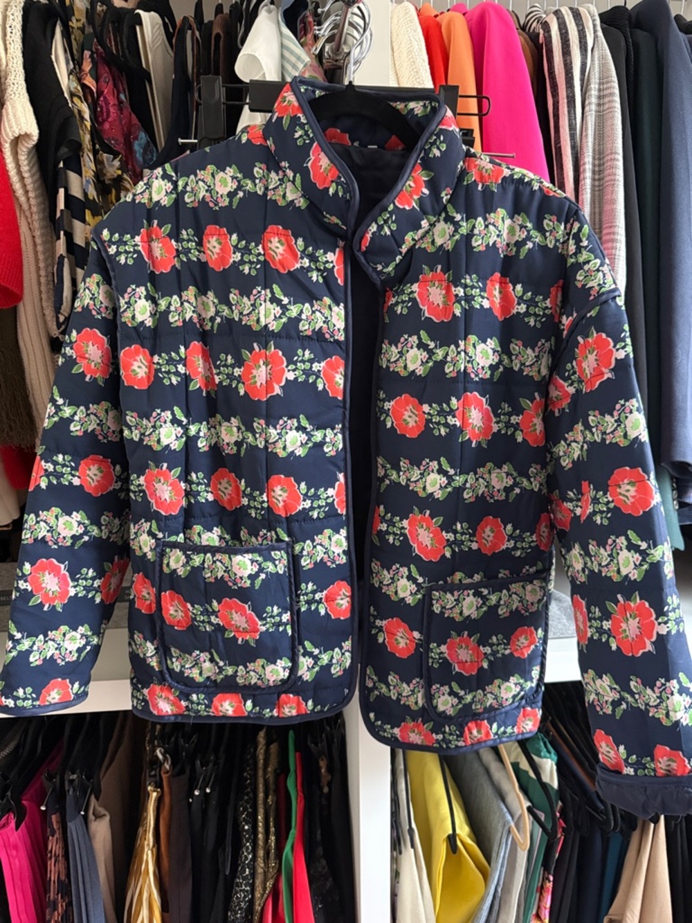 Women's Navy Floral Quilted Jacket - Red Flower Print